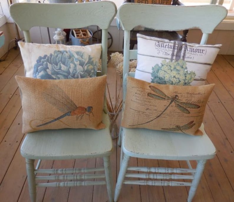 French Dragonfly Burlap Pillow, Farmhouse Pillows, Fixer Upper Style, Spring Pillow image 3