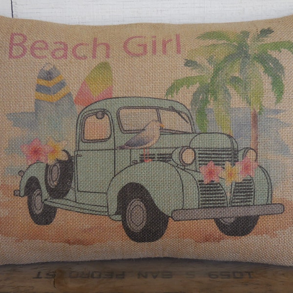 Beach Girl Burlap Pillow, Surfboard decor, Farmhouse Pillows, INSERT INCLUDED