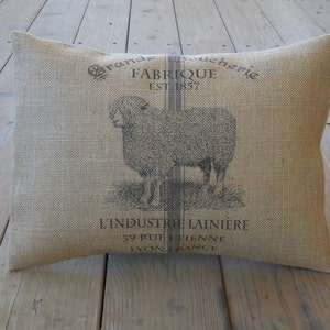 French Sheep Burlap Pillow,  Farmhouse Pillows, Farm27,  Shabby Chic, INSERT INCLUDED