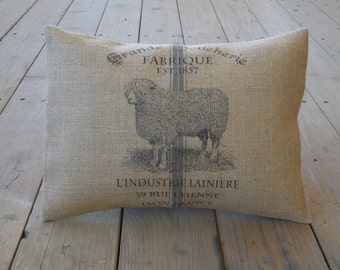 French Sheep Burlap Pillow,  Farmhouse Pillows, Farm27,  Shabby Chic, INSERT INCLUDED