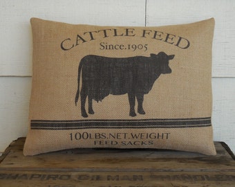 Cattle Feed Burlap Pillow, Farmhouse Pillows, Shabby Chic Decor , Gift for Cow Lovers