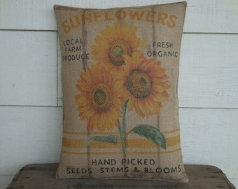 Sunflowers Burlap Pillow, Shabby Chic, Feed Sack style PillowFarmhouse Pillows, Insert Included