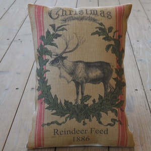 Reindeer Burlap Pillow, Farmhouse  Christmas Pillow, Christmas 56, INSERT INCLUDED