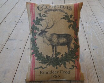 Reindeer Burlap Pillow, Farmhouse  Christmas Pillow, Christmas 56, INSERT INCLUDED