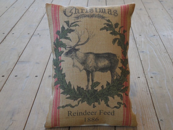 Reindeer Burlap Pillow, Farmhouse  Christmas Pillow, Christmas 56, INSERT INCLUDED