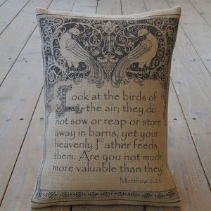 Burlap Pillow Matt. 6.26, Look at the birds of the air, Farmhouse Pillows, Scripture Pillow, Gift for Pastor image 1