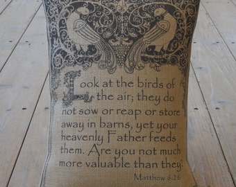 Burlap Pillow Matt. 6.26, Look at the birds of the air, Farmhouse Pillows, Scripture Pillow, Gift for Pastor