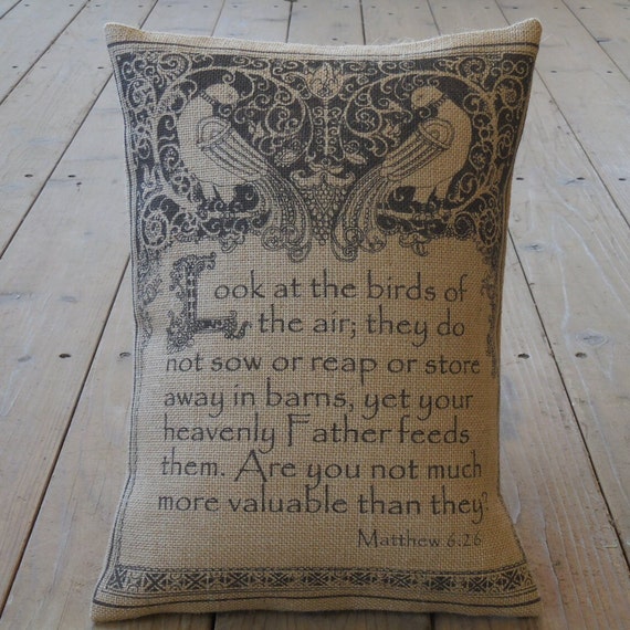 Burlap Pillow Matt. 6.26, Look at the birds of the air, Farmhouse Pillows, Scripture Pillow, Gift for Pastor