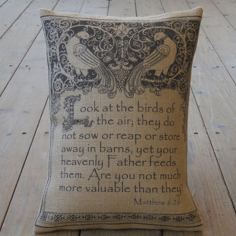 Burlap Pillow Matt. 6.26, Look at the birds of the air, Farmhouse Pillows, Scripture Pillow, Gift for Pastor image 1