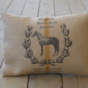 Feed sack Horse Burlap Pillow, Farmhouse Pillows,