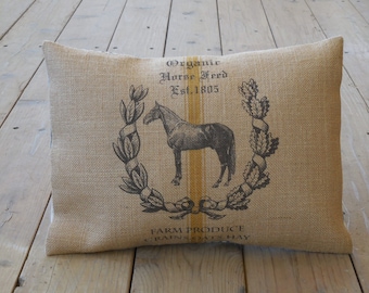 Feed sack Horse Burlap Pillow, Farmhouse Pillows,