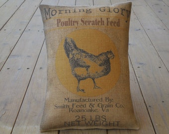 Feed Sack Chicken Burlap Pillow, Farmhouse Pillows, Farm45,  Vintage chicken label,  INSERT INCLUDED