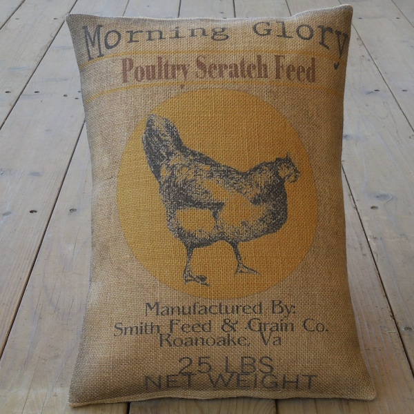 Feed Sack Chicken Burlap Pillow, Farmhouse Pillows, Farm45,  Vintage chicken label,  INSERT INCLUDED