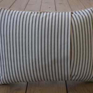 May include: A white and black striped pillow with a brown seam. The pillow is made of a soft, woven fabric.
