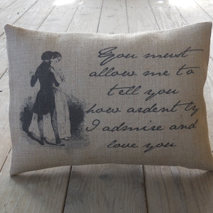 Jane Austen Burlap Pillow, literary gift, Pride and Prejudice, Farmhouse Pillows, Love28,  INSERT INCLUDED
