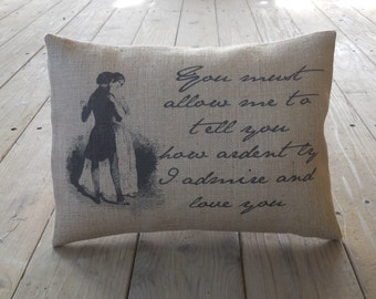 Jane Austen Burlap Pillow, literary gift, Pride and Prejudice, Farmhouse Pillows, Love28,  INSERT INCLUDED