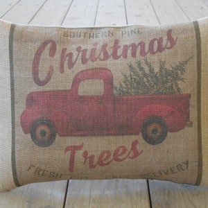 Christmas Truck Burlap Pillow, Farmhouse Pillows, Farmhouse Christmas, Gifts Under 25, INSERT INCLUDED image 1