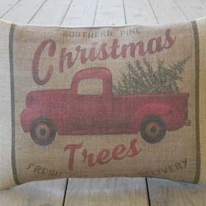 Christmas Truck Burlap Pillow, Farmhouse Pillows, Farmhouse Christmas, Gifts Under 25, INSERT INCLUDED