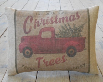 Christmas Truck Burlap Pillow, Farmhouse Pillows, Farmhouse Christmas, Gifts Under 25, INSERT INCLUDED