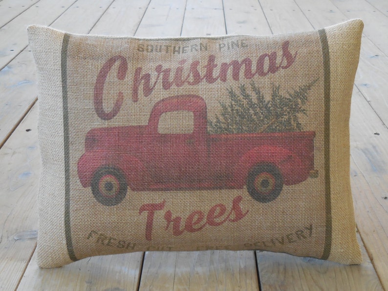 Christmas Truck Burlap Pillow, Farmhouse Pillows, Farmhouse Christmas, Gifts Under 25, INSERT INCLUDED image 1