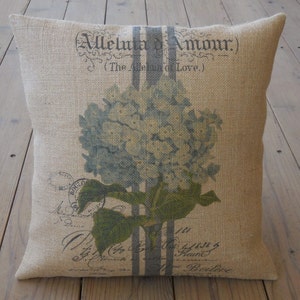 French Hydrangea Burlap Pillow, Farmhouse Pillows, Shabby Chic decor,  INSERT INCLUDED