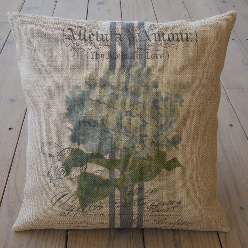 French Hydrangea Burlap Pillow, Farmhouse Pillows, Shabby Chic decor, INSERT INCLUDED image 1