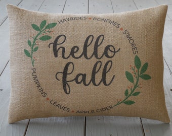 Hello fall Burlap Pillow, Farmhouse Pillows