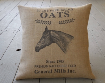 Oats Feedsack Horse Burlap Pillow, Grain Sack Style, 17 inch square, Shabby Chic, Horse25, Farmhouse pillows,  INSERT INCLUDED