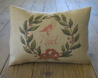 Noel Wreath Burlap Pillow, Rustic Christmas, Farmhouse Christmas, Christmas pillow, INSERT INCLUDED