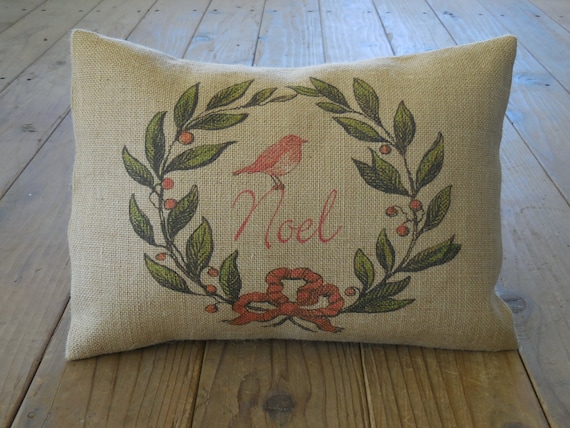 Noel Wreath Burlap Pillow, Rustic Christmas, Farmhouse Christmas, Christmas pillow, INSERT INCLUDED
