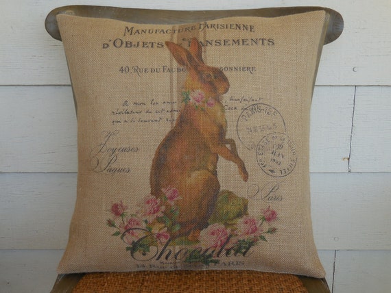 Feedsack Rabbit Burlap Pillow, Pink Roses, Farmhouse Pillows,  Spring,  Easter, Farm76, INSERT INCLUDED
