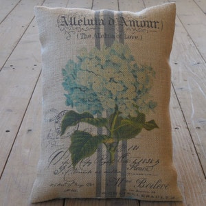 French Blue Hydrangea Burlap Pillow, Farmhouse Pillows,  Shabby Chic Style, Farmhouse style,  INSERT INCLUDED