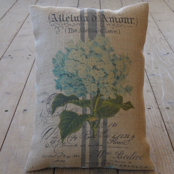 French Blue Hydrangea Burlap Pillow, Farmhouse Pillows,  Shabby Chic Style, Farmhouse style,  INSERT INCLUDED