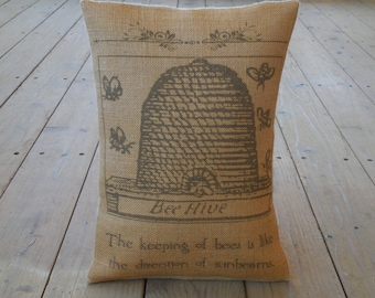 Bee Hive Burlap Pillow, Shabby chic, Bees, Apiary,  Farmhouse Pillows, B3, INSERT INCLUDED