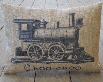 Choo-choo Train Burlap Pillow, Navy pillow, locomotive, Nursery, Farmhouse Pillows, Kid14, INSERT INCLUDED