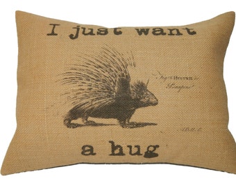 Porcupine Burlap Pillow,  I just want a hug, Shabby Chic Decor, Farmhouse Pillows, Gift for Girlfriend