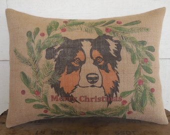 Australian Shepherd Christmas Burlap Pillow, Dog Christmas, Farmhouse Christmas
