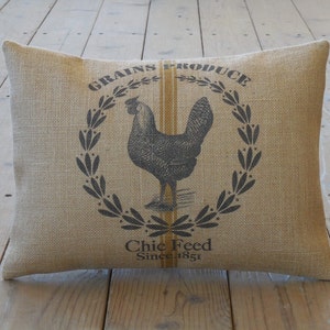 FeedSack Chicken Burlap Pillow, Shabby Chic, Farmhouse Pillows,Farm39, INSERT INCLUDED image 1