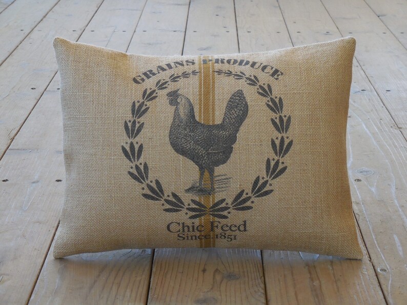 FeedSack Chicken Burlap Pillow, Shabby Chic, Farmhouse Pillows,Farm39, INSERT INCLUDED image 1