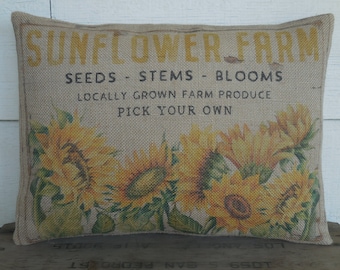 Sunflower Farm  Burlap Pillow, Shabby Chic, Farmhouse Pillows, Insert Included