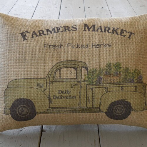 Herb Truck Burlap Pillow Farmers Market Farmhouse Pillows Etsy