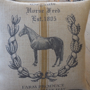 Feedsack Horse Burlap Pillow, Farm5, 16 inch square, Shabby Chic Decor, Farmhouse Pillows, INSERT INCLUDED