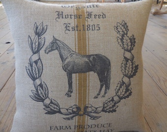 Feedsack Horse Burlap Pillow, Farm5, 16 inch square, Shabby Chic Decor, Farmhouse Pillows, INSERT INCLUDED