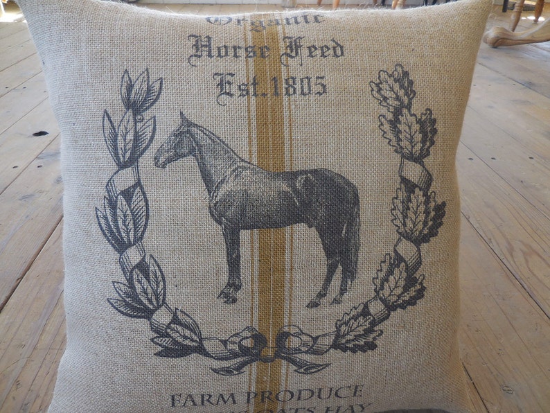 Feedsack Horse Burlap Pillow, Farm5, 16 inch square, Shabby Chic Decor, Farmhouse Pillows, INSERT INCLUDED