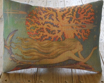Art Deco Mermaid Burlap Pillow, Mermaid Decor, Nautical Pillow, Farmhouse Pillows