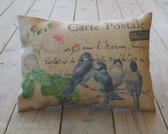 Blue Birds Burlap Pillow, Farmhouse Pillows, Shabby Chic Decor, B17, INSERT INCLUDED