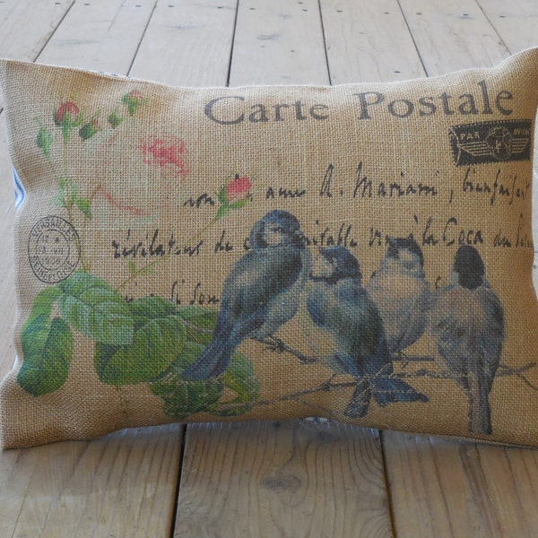 Blue Birds Burlap Pillow, Farmhouse Pillows, Shabby Chic Decor, B17, INSERT INCLUDED