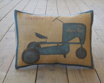 Farm Boy Burlap pillow,  Blue Tractor,  Kids, country, mighty machine, Farmhouse Pillows, Kid7,  INSERT INCLUDED