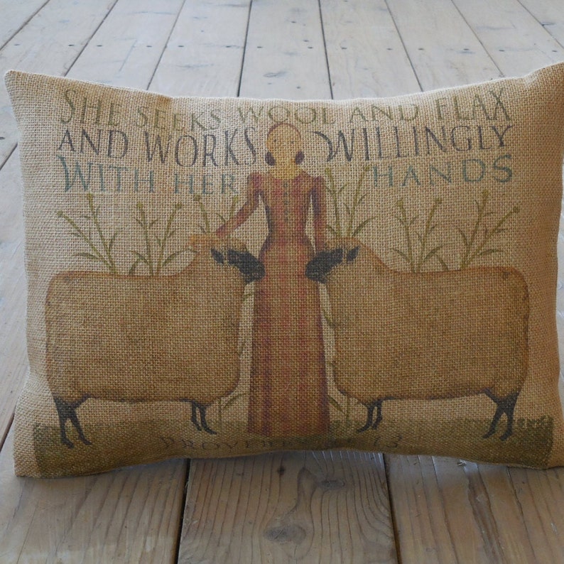 Proverbs 31 Burlap Pillow, Primitive Americana, Farmhouse Pillows, INSERT INCLUDED image 1
