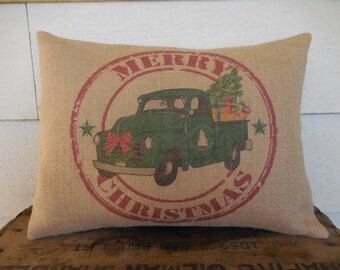 Green Truck Christmas Burlap Pillow, Christmas Tree Pillow, Farmhouse Christmas, Gifts under 25